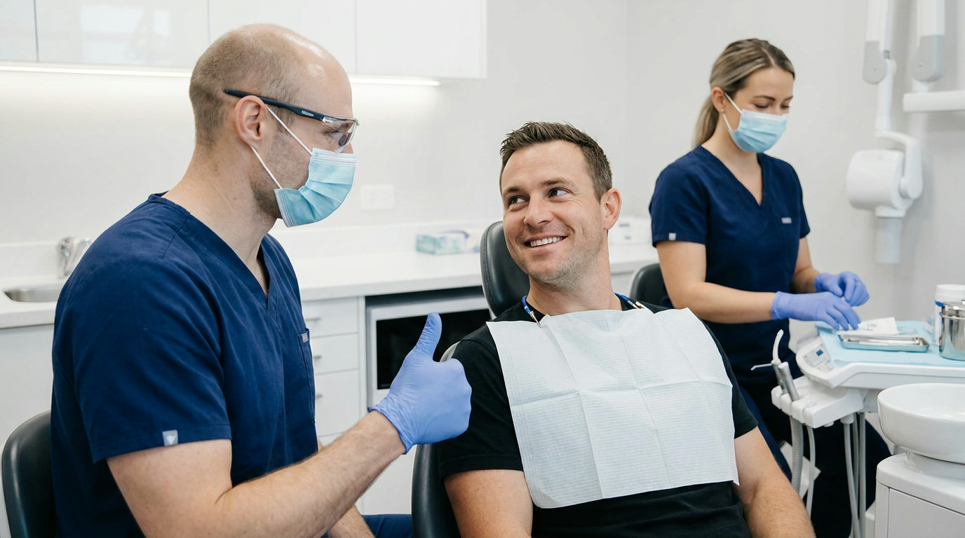 A dentist in scrubs, mask, and safety glasses gives a thumbs-up to a smiling patient wearing a dental bib in a chair, while a dental assistant in scrubs and mask prepares instruments in the background.