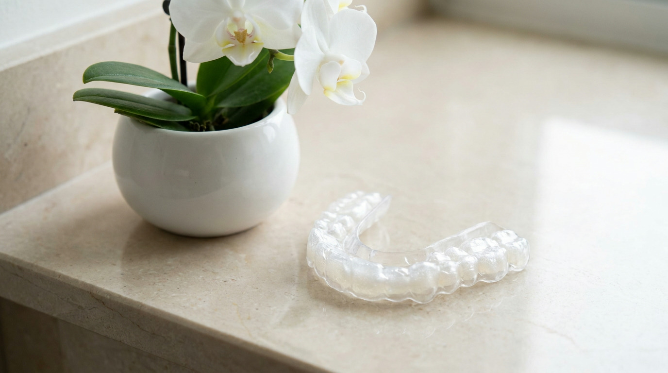 A clear dental aligner or whitening tray with gel rests on a light-colored counter next to a white orchid in a white pot.