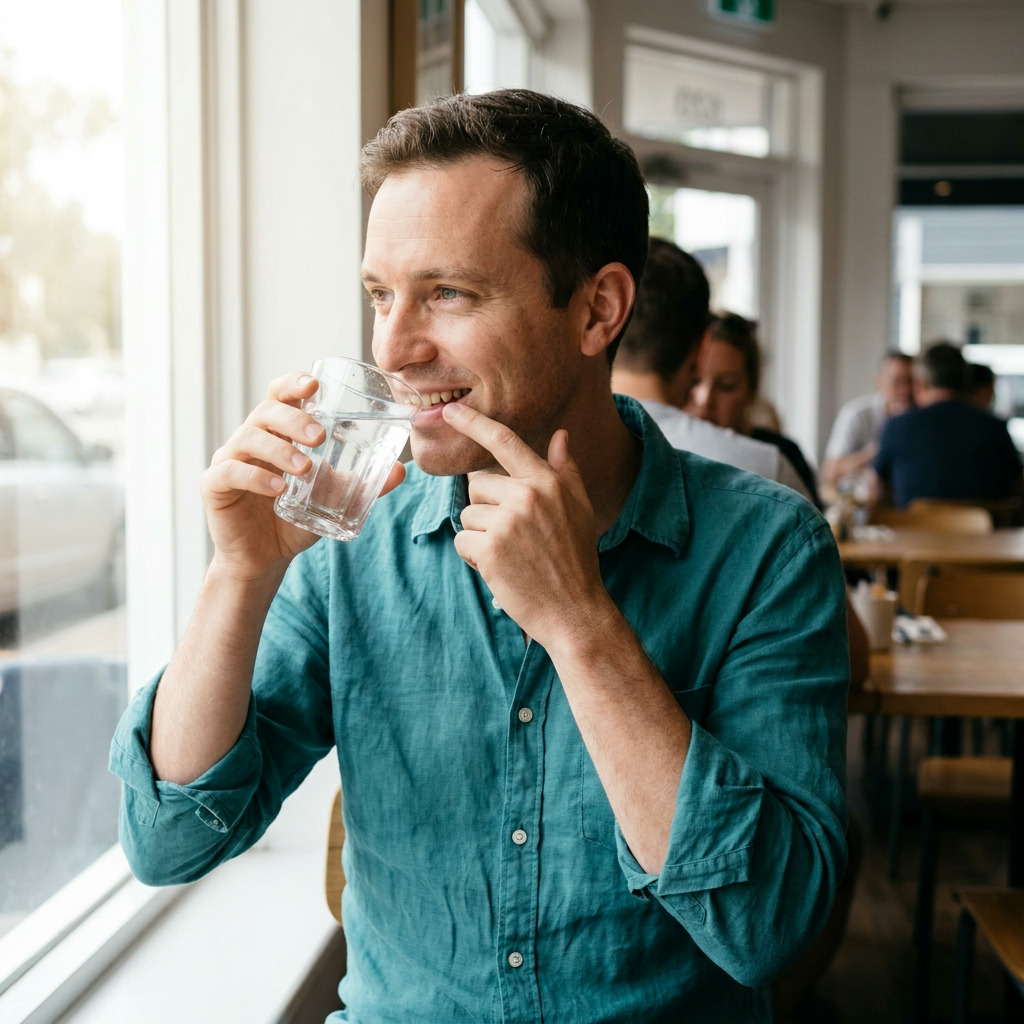 Jason, wearing a teal shirt, sips water from a glass while his finger touches his front teeth, looking out a window in a cafe.
