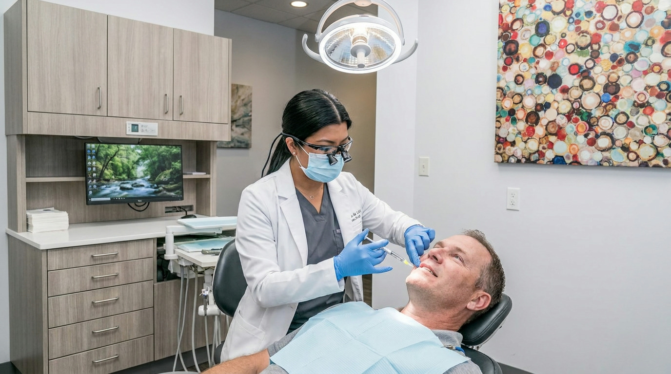 Dr. Anna de Leon, wearing a mask and loupes, administers an injection to a male patient reclined in a dental chair, in a modern operatory with cabinets and abstract art.