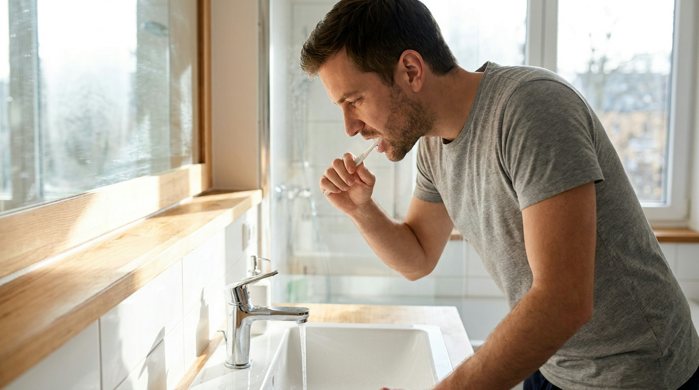 A man in a gray t-shirt brushes his teeth over a white sink with running water, illuminated by natural light from a window.