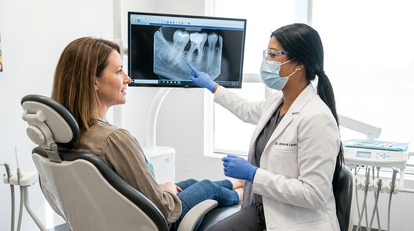 A patient in a dental chair looks at a monitor where Dr. Anna de Leon, wearing a lab coat, mask, and gloves, points to a dental X-ray.