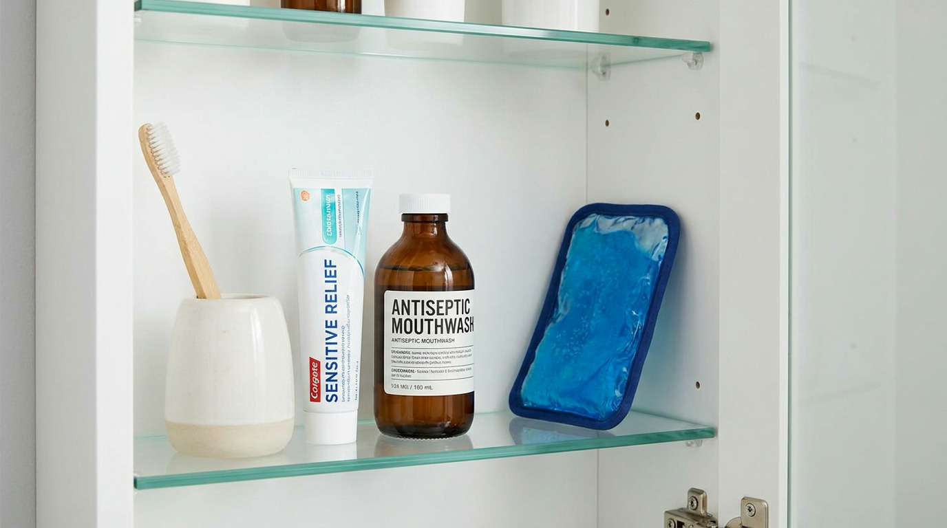 A white medicine cabinet holds a wooden toothbrush in a cup, a tube of sensitive toothpaste, a brown bottle of antiseptic mouthwash, and a blue ice pack on a glass shelf.
