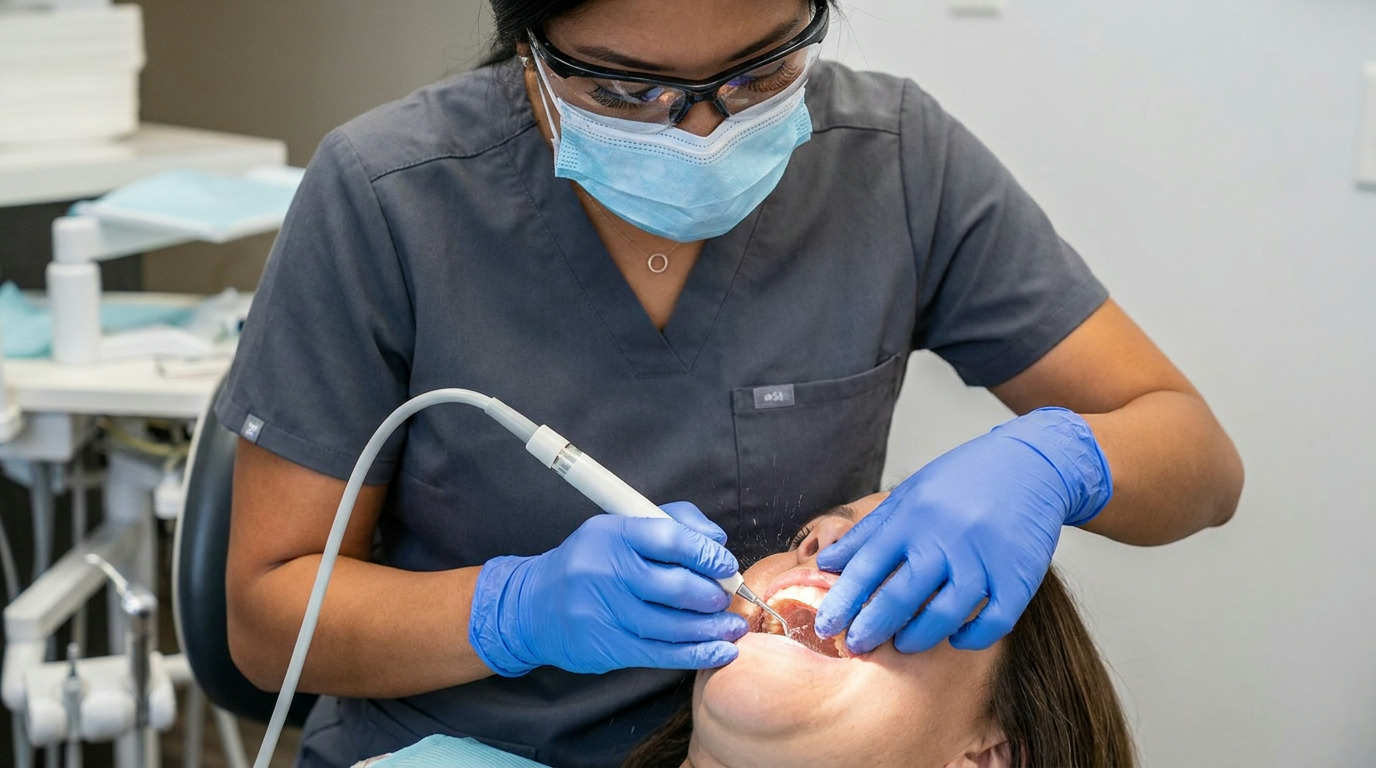 Dr. Anna de Leon, wearing scrubs, safety glasses, and a mask, uses an ultrasonic scaler on a patient's open mouth, while wearing blue gloves.
