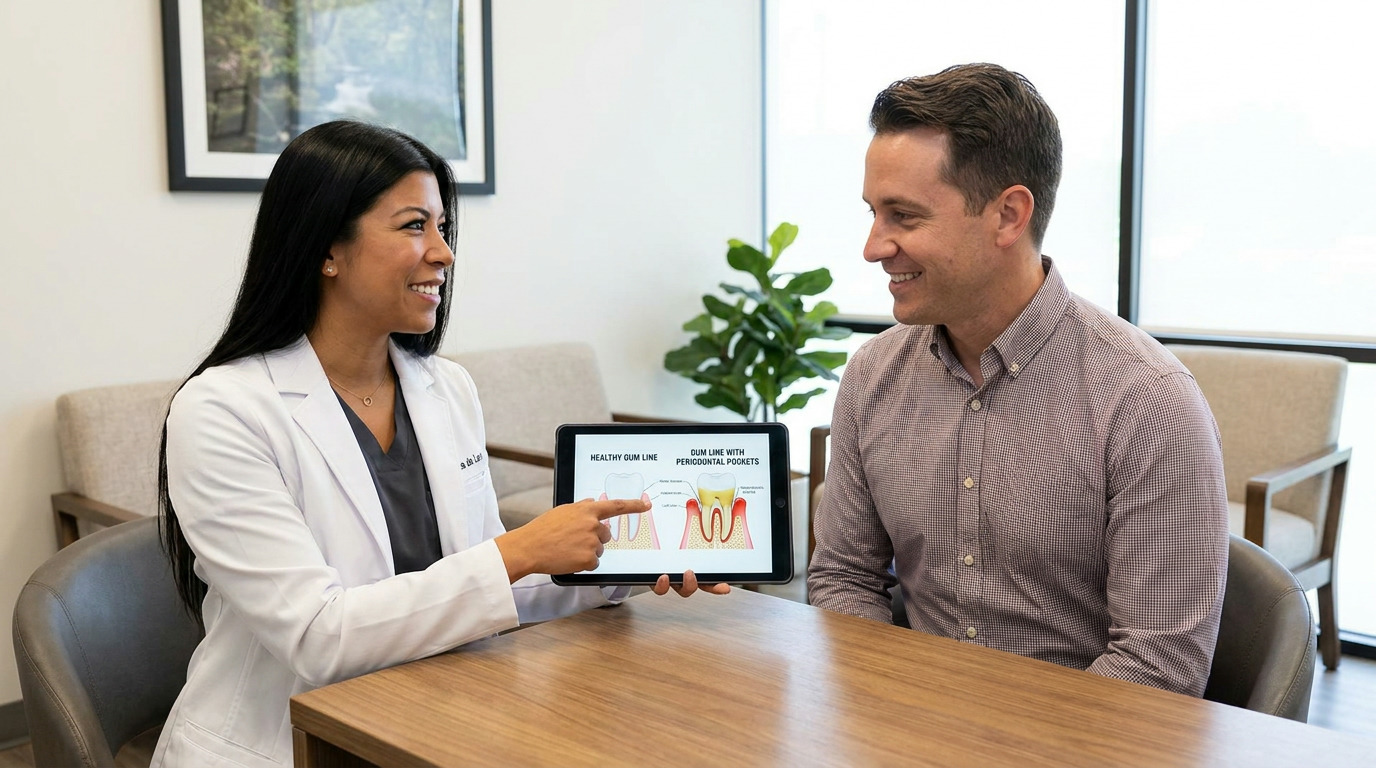 Dr. Anna de Leon, in a white lab coat, points at a tablet showing a dental diagram of healthy and unhealthy gums while smiling at a male patient in a button-up shirt, both seated at a wooden table.