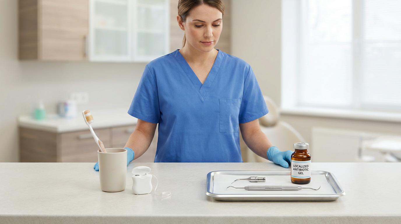A dental professional in blue scrubs and gloves stands behind a counter with a toothbrush, floss, dental tools, and a bottle of localized antibiotic gel.