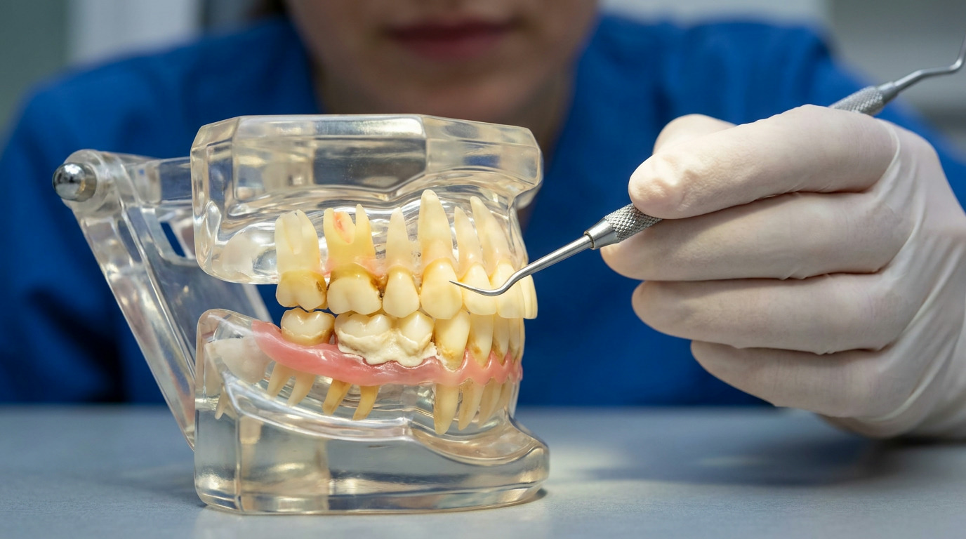 A person in a blue scrub top and white glove uses a dental scaler to point at a clear dental model showing teeth with plaque and calculus buildup.