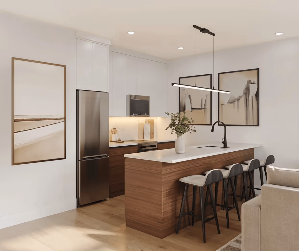 Modern kitchen with white and wood cabinetry, a stainless steel refrigerator, a kitchen island with a vase of greenery, four bar stools, and contemporary abstract artwork on the walls.