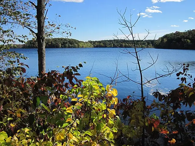 View of a calm blue pond surrounded by trees with autumn foliage under a partly cloudy sky.