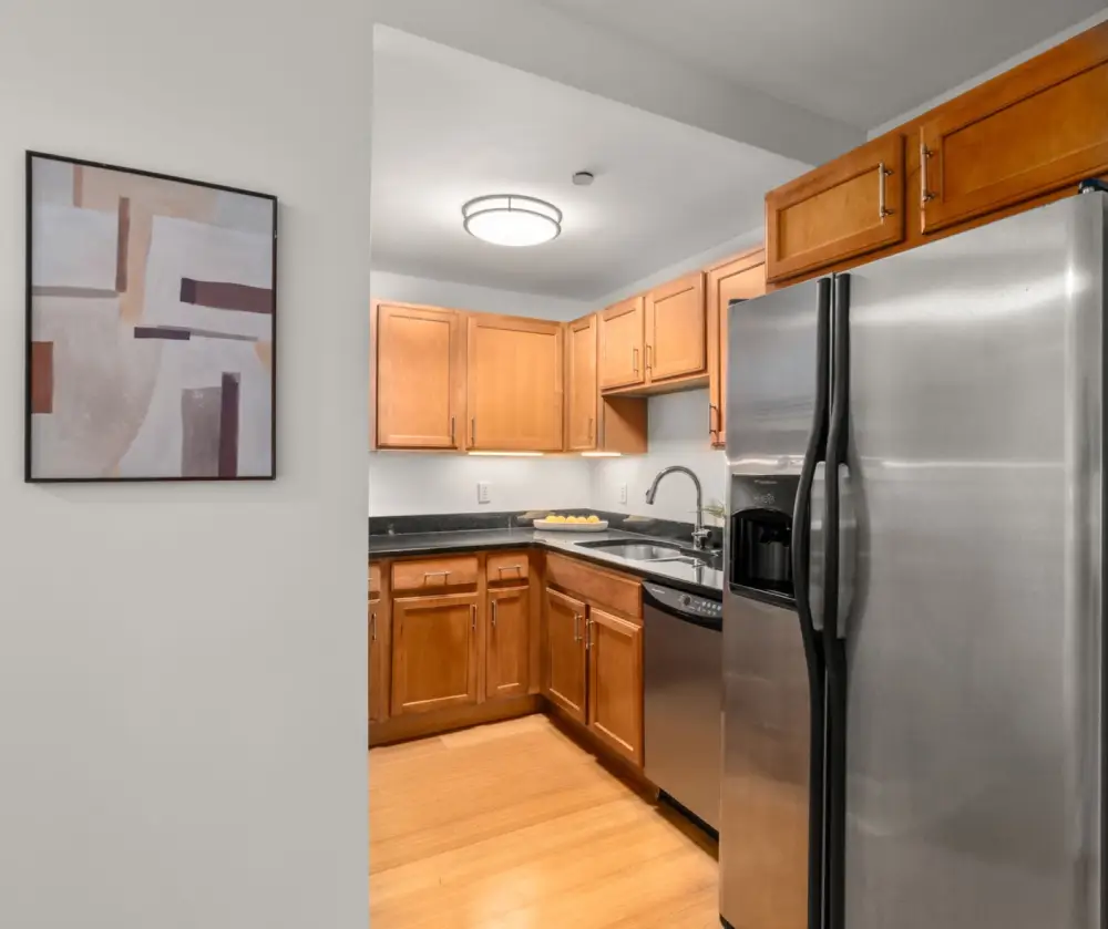 Modern kitchen with wooden cabinets, stainless steel refrigerator, dishwasher, and a countertop with a sink and decorative bowl of lemons.
