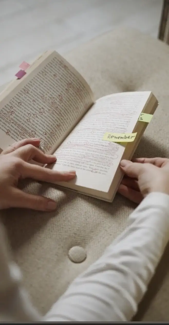 Person holding an open book with text underlined and circled in red ink, with sticky notes labeled 'Remember' and others attached to the pages.