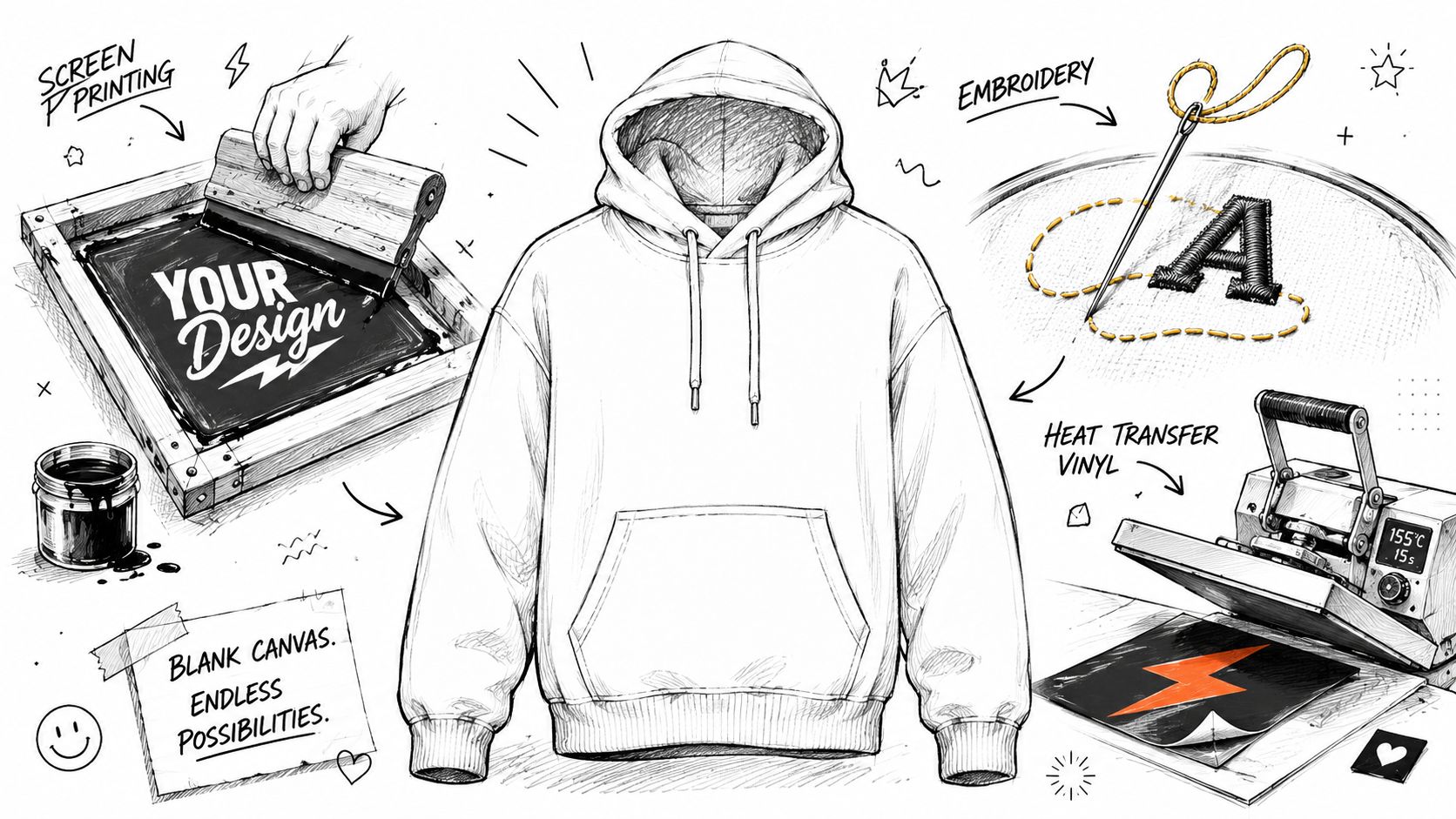 A sketched illustration of a blank hoodie surrounded by screen printing, embroidery, and heat transfer vinyl tools.