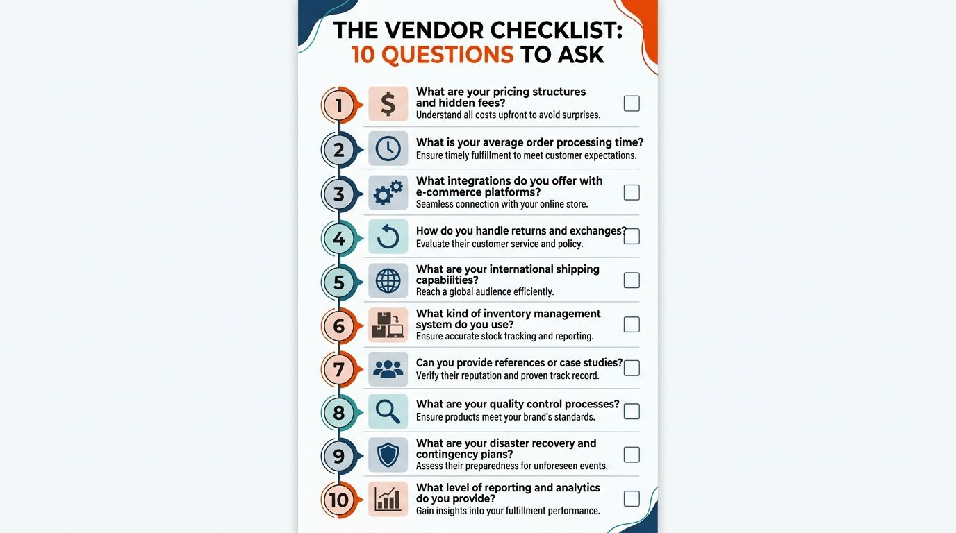 A checklist featuring ten essential questions to ask potential merchandise fulfillment vendors to ensure business success.