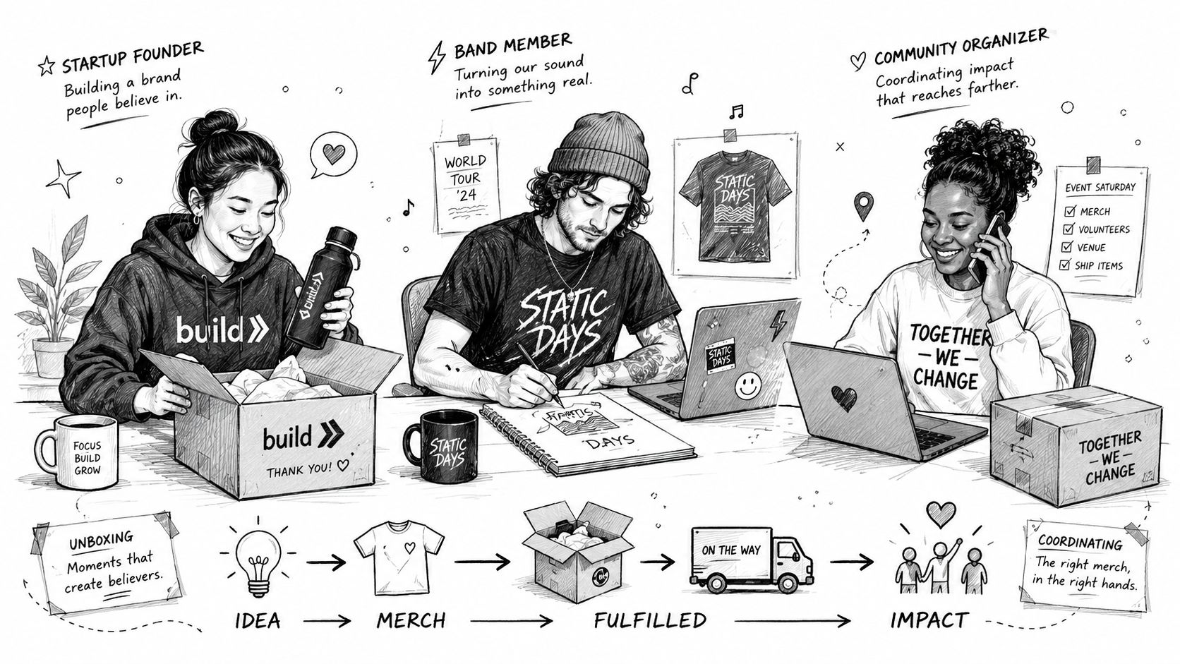A line art illustration depicting three professionals managing merch fulfillment, unboxing, and community impact strategies.