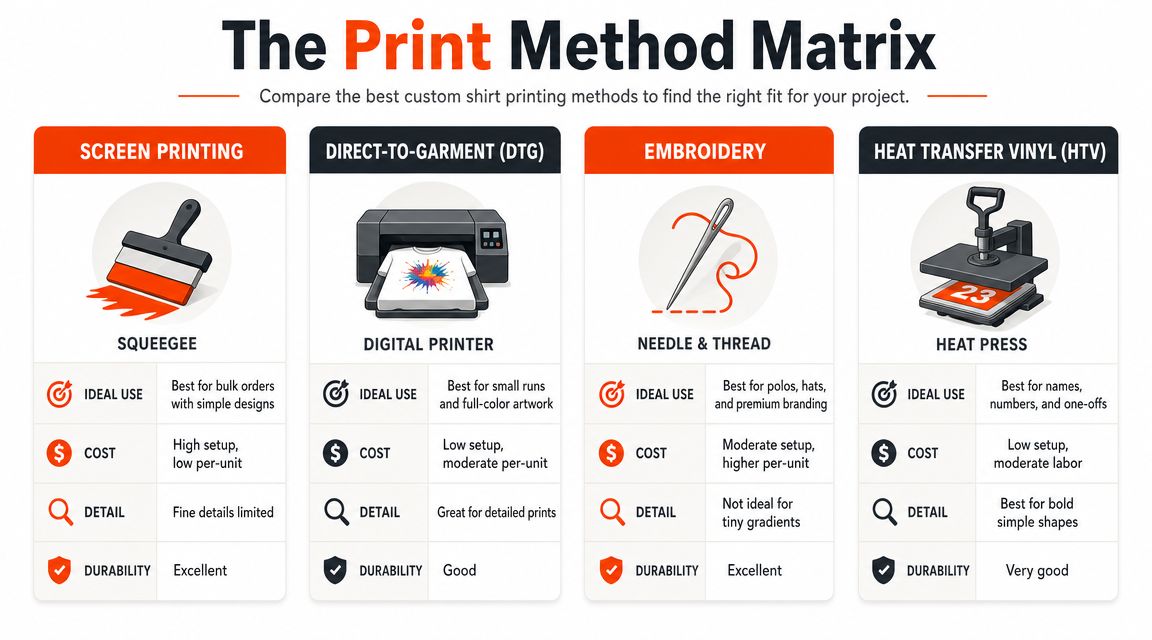 A comparison chart outlining the best custom shirt printing methods including screen printing, DTG, embroidery, and HTV.