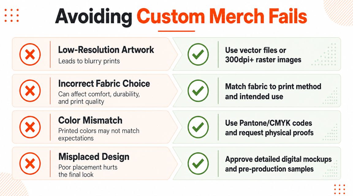 An infographic titled Avoiding Custom Merch Fails showing four common mistakes and their corresponding solutions.