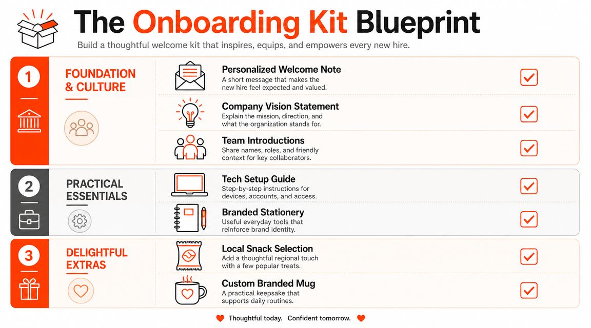 An infographic titled The Onboarding Kit Blueprint showing items to include in a new hire welcome package.