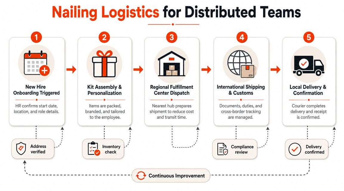A flowchart showing the five-step logistics process for shipping welcome gifts to new remote team members.