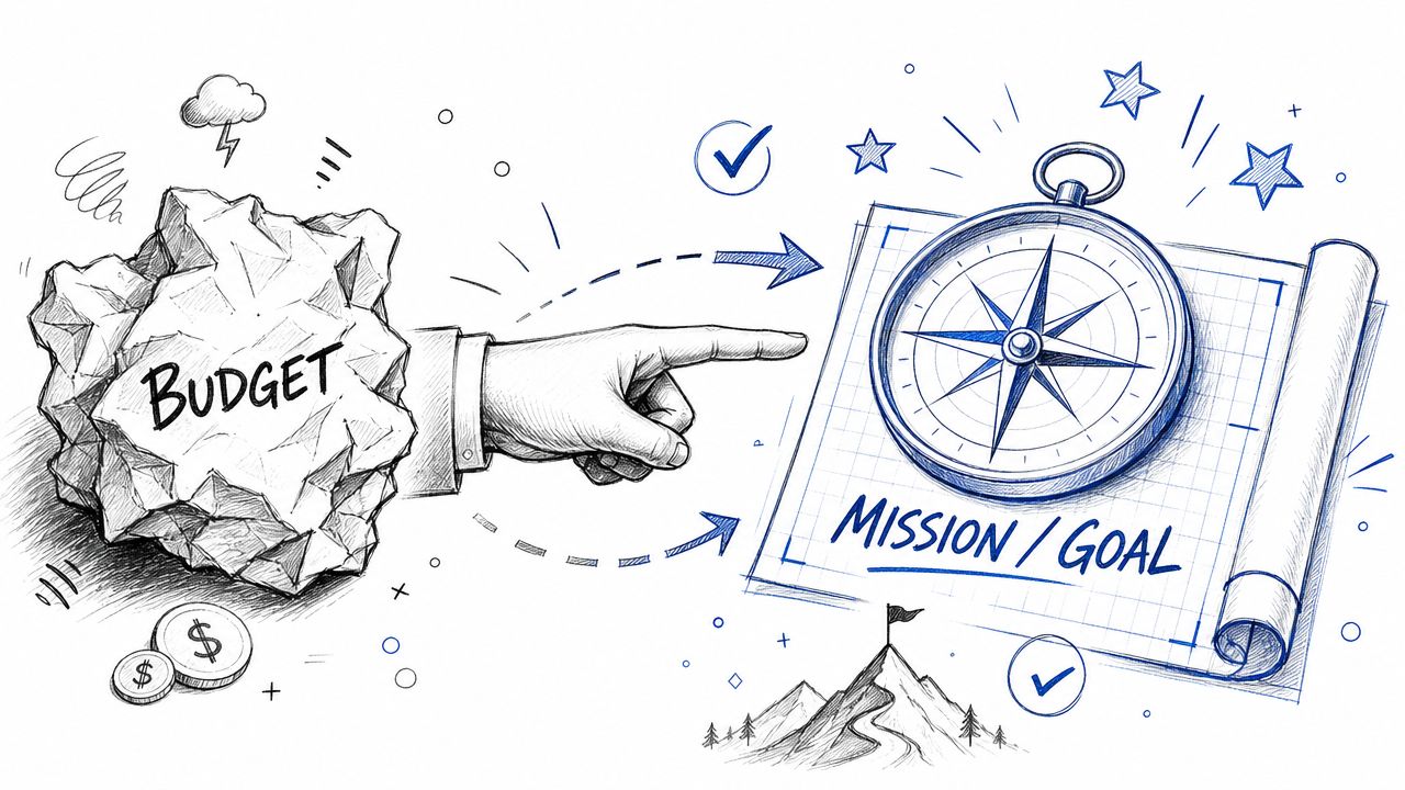 A hand pointing from a crumpled paper labeled budget toward a compass on a mission plan.