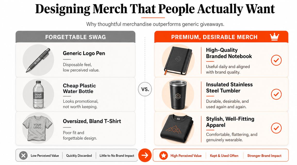 A comparison chart showing the difference between forgettable generic promotional merchandise and premium, desirable branded company items.