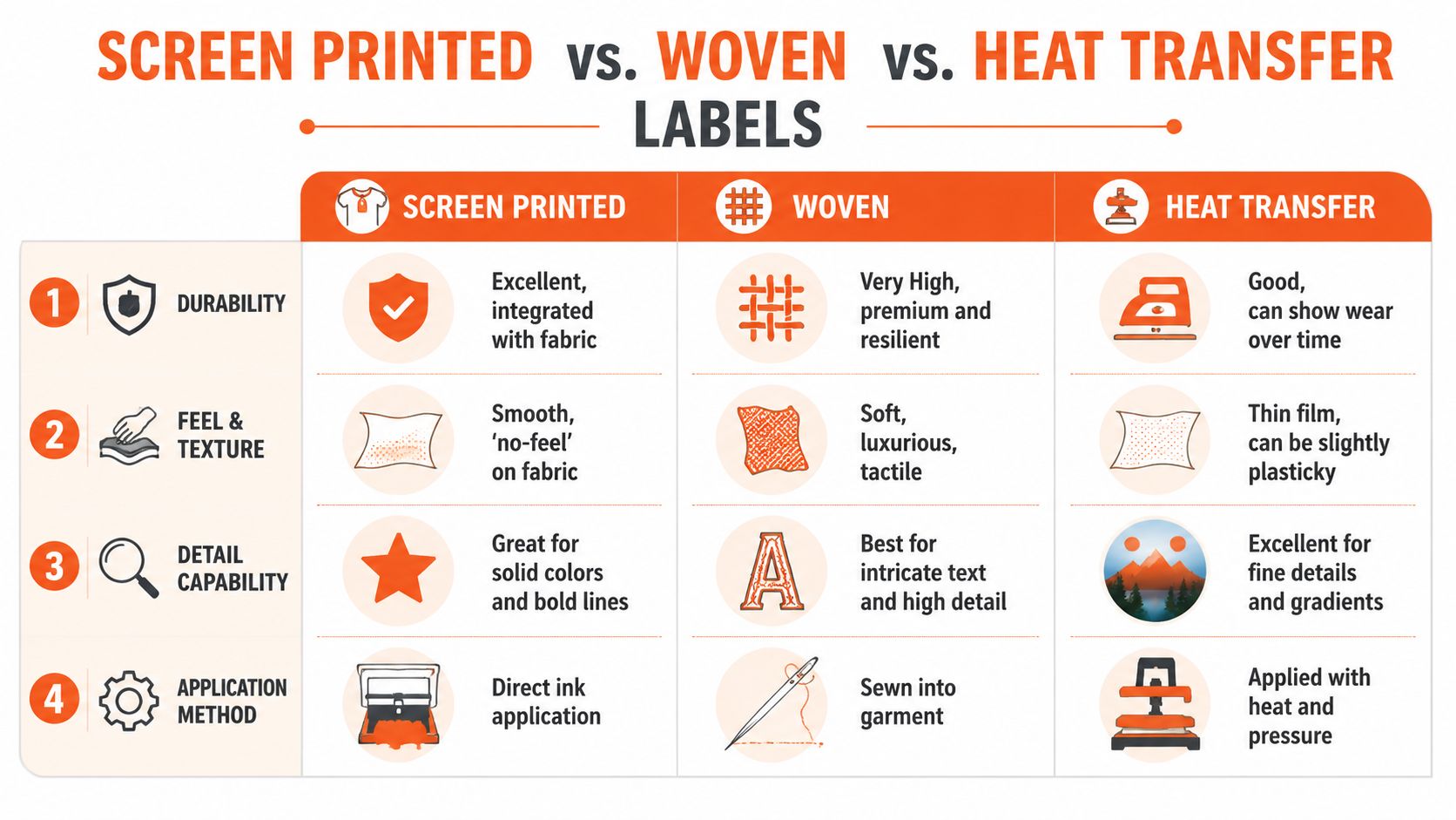 A comparison chart outlining the durability, texture, detail capability, and application methods of screen printed, woven, and heat transfer labels.