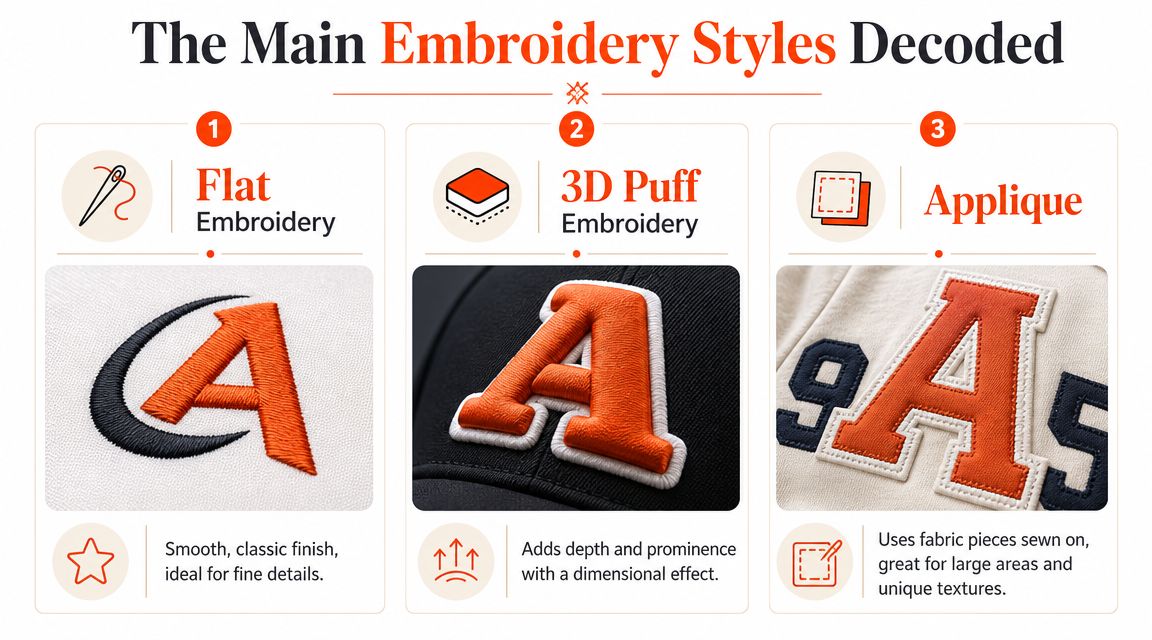 A guide explaining the three main embroidery styles: flat embroidery, 3D puff embroidery, and applique embroidery.