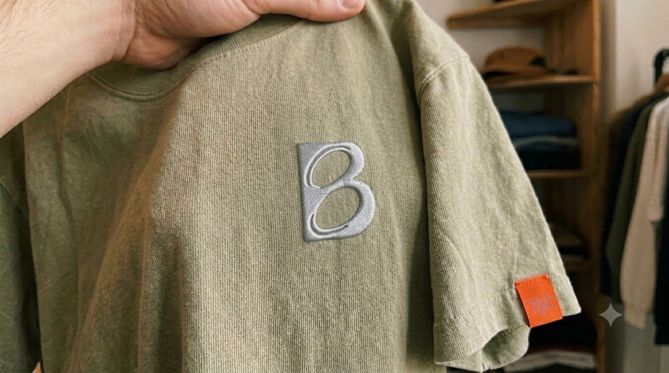 Banger B logo embroidery on garment-dyed sage green t-shirt