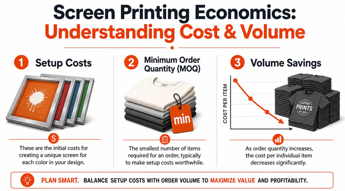 An infographic explaining the economics of screen printing including setup costs, minimum order quantities, and volume savings.