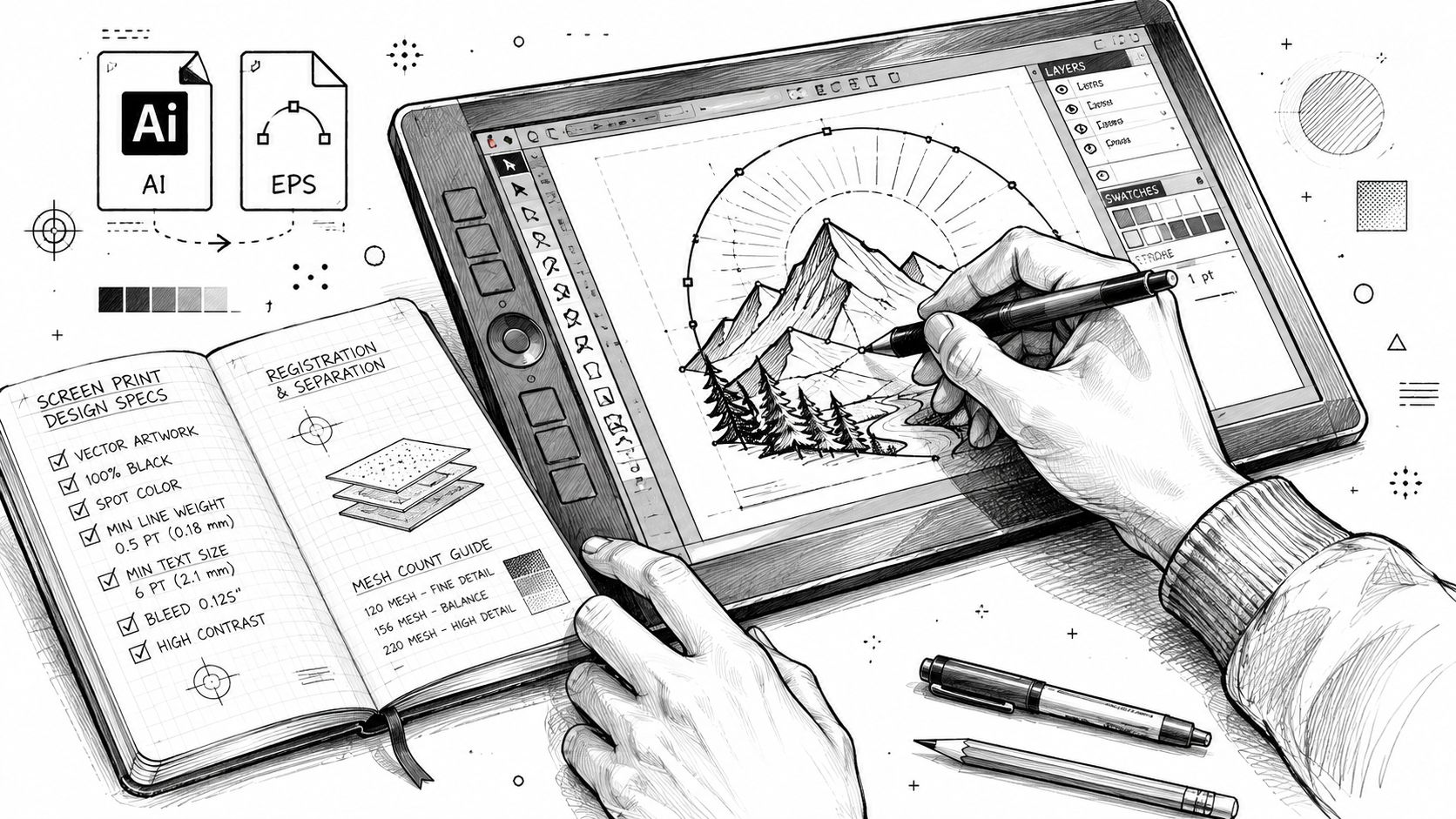 An artist drawing a mountain landscape illustration on a digital graphic tablet with screen print specifications nearby.