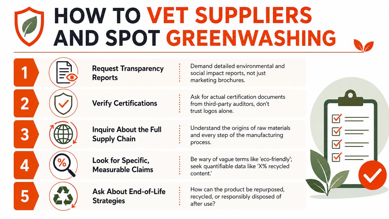 An infographic titled How to Vet Suppliers and Spot Greenwashing with five steps listed for businesses.