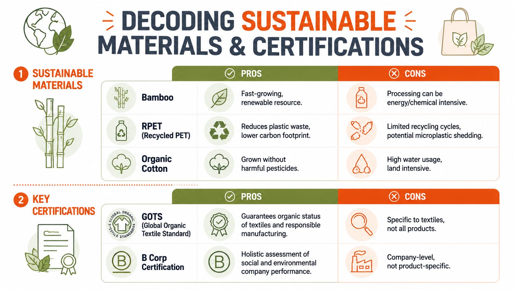 An infographic titled Decoding Sustainable Materials and Certifications comparing pros and cons of eco-friendly materials and standards.