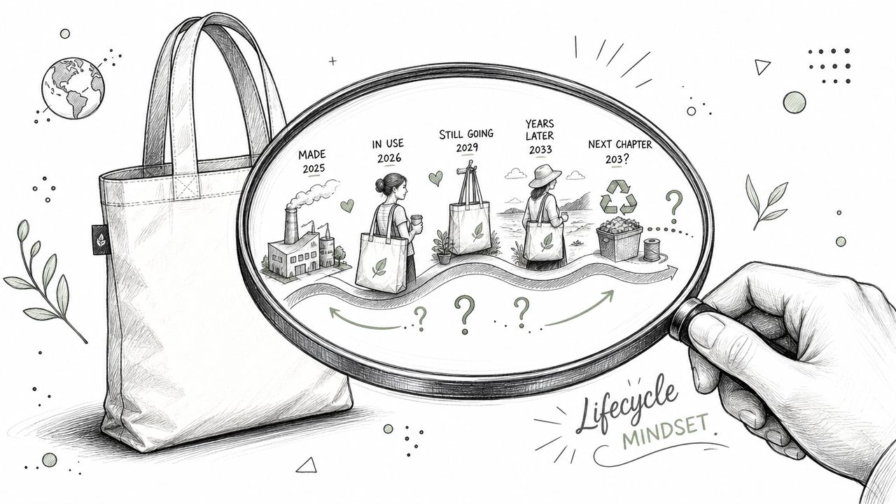 A magnifying glass reveals the lifecycle of an environmentally friendly tote bag, from creation to future recycling.