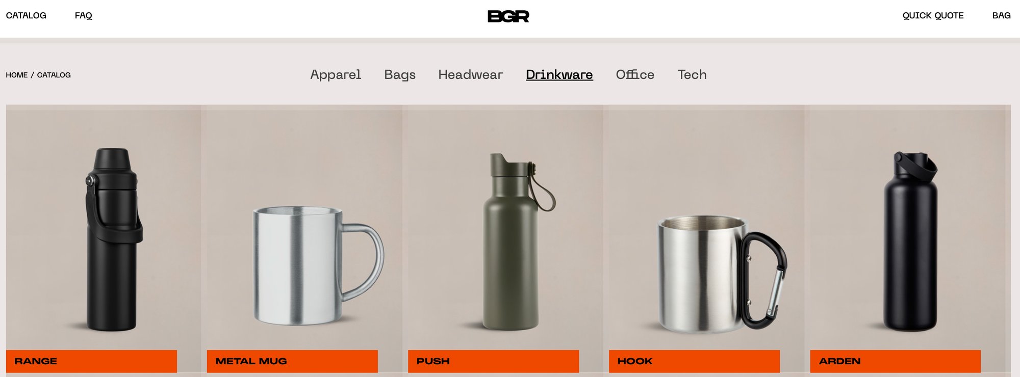 Banger drinkware catalog: Range, Metal Mug, Push, Hook, Arden