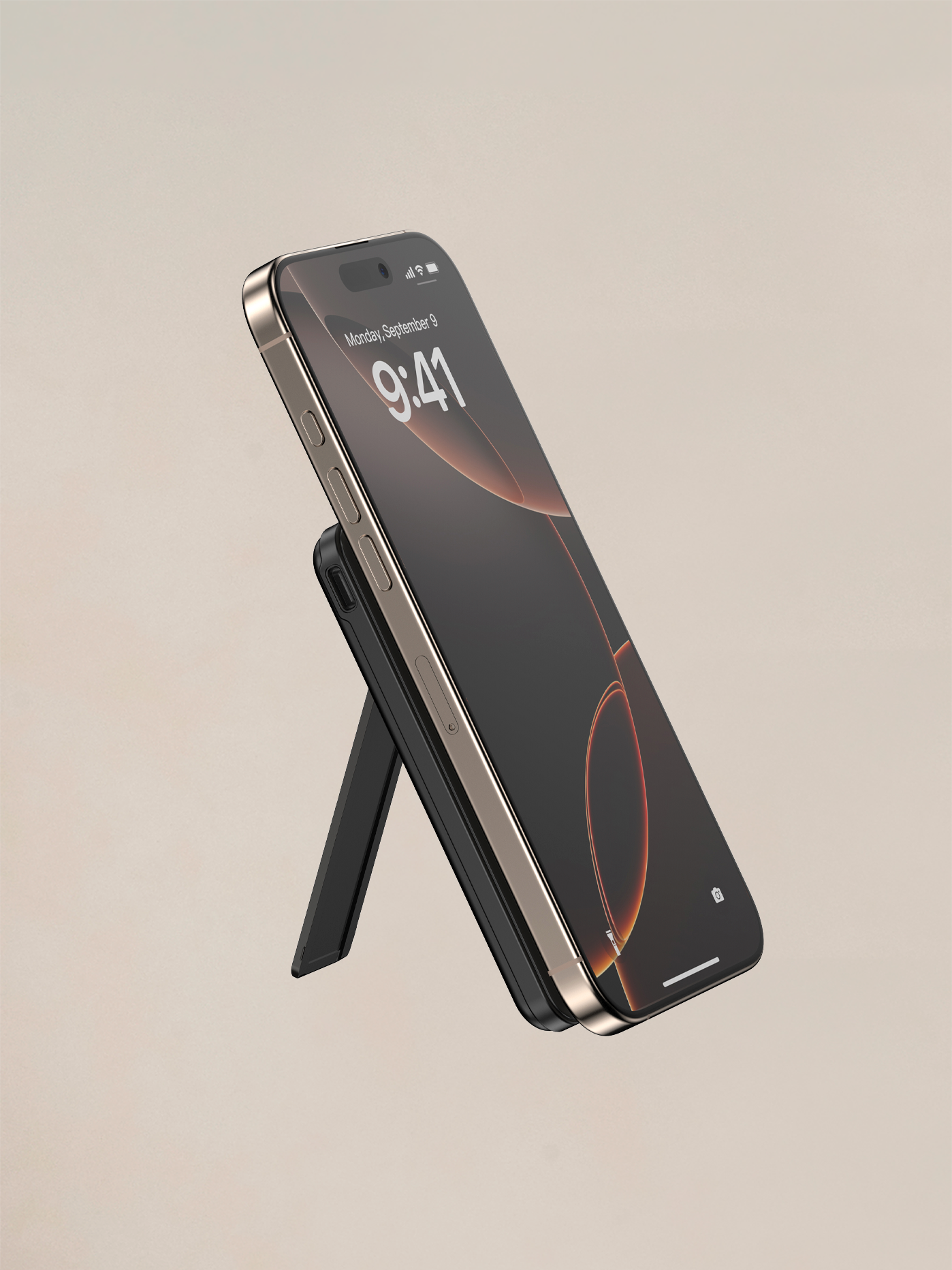 A slim magnetic power bank designed to charge your essentials, with an integrated kickstand for hands-free viewing.