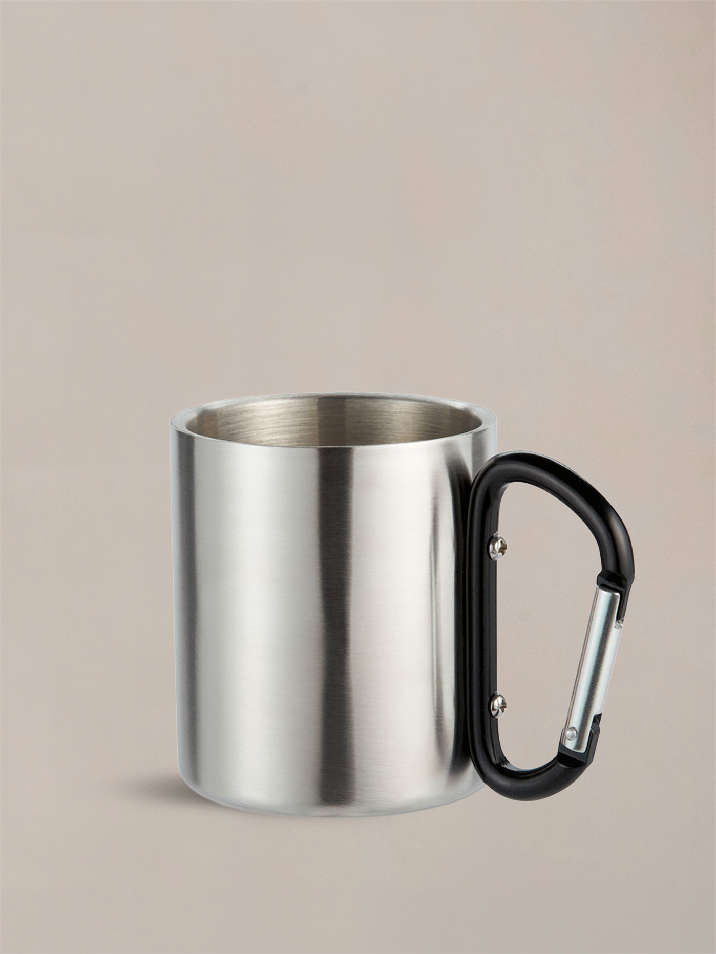 A sleek double-wall stainless steel mug with carabiner handle.