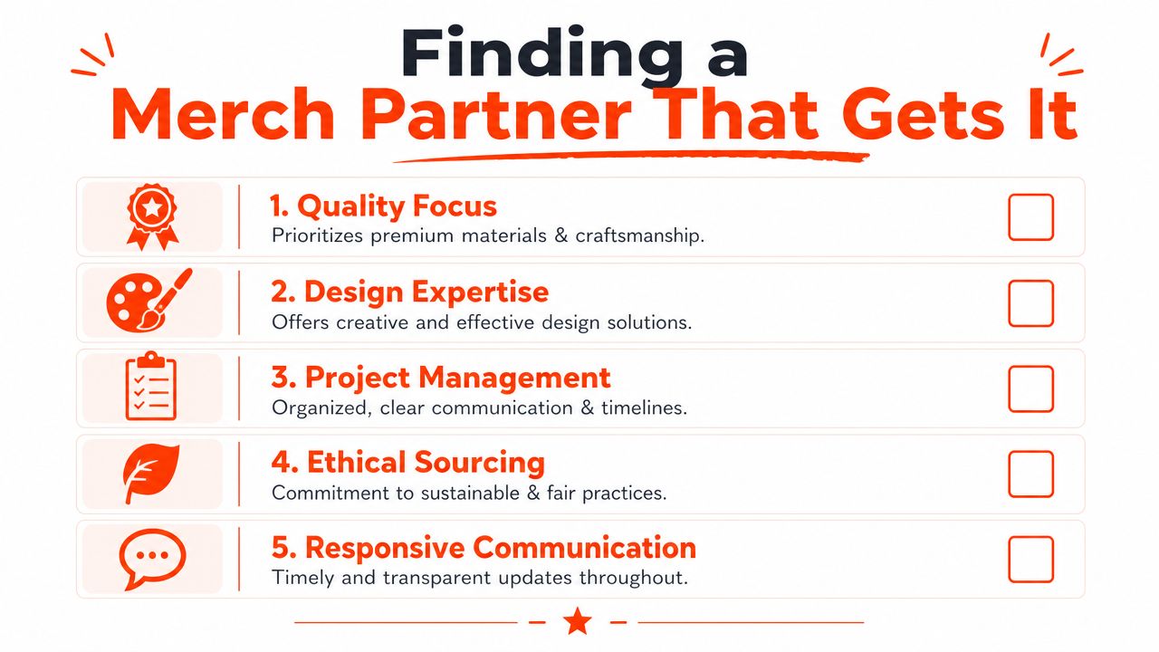 A checklist infographic titled Finding a Merch Partner That Gets It highlighting five key partnership qualities.