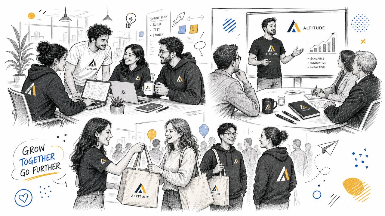 Illustration showing a team collaborating in office settings and events with branded company merchandise and signage.