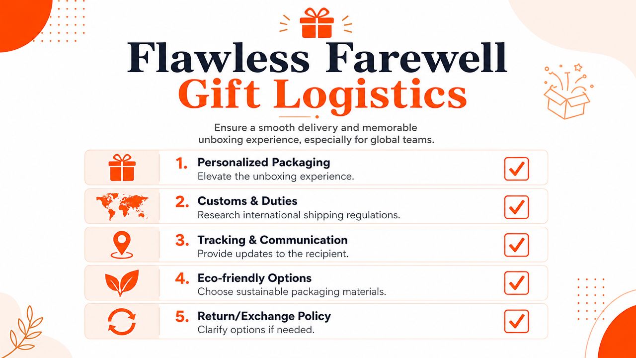 An infographic titled Flawless Farewell Gift Logistics outlining five steps for shipping gifts to employees.