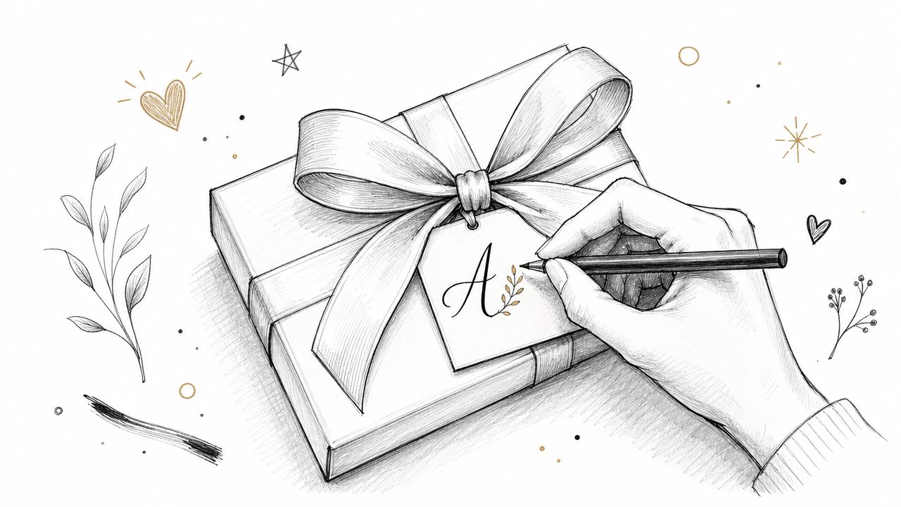 A hand writes a letter on a gift tag attached to a beautifully wrapped presents for employees.