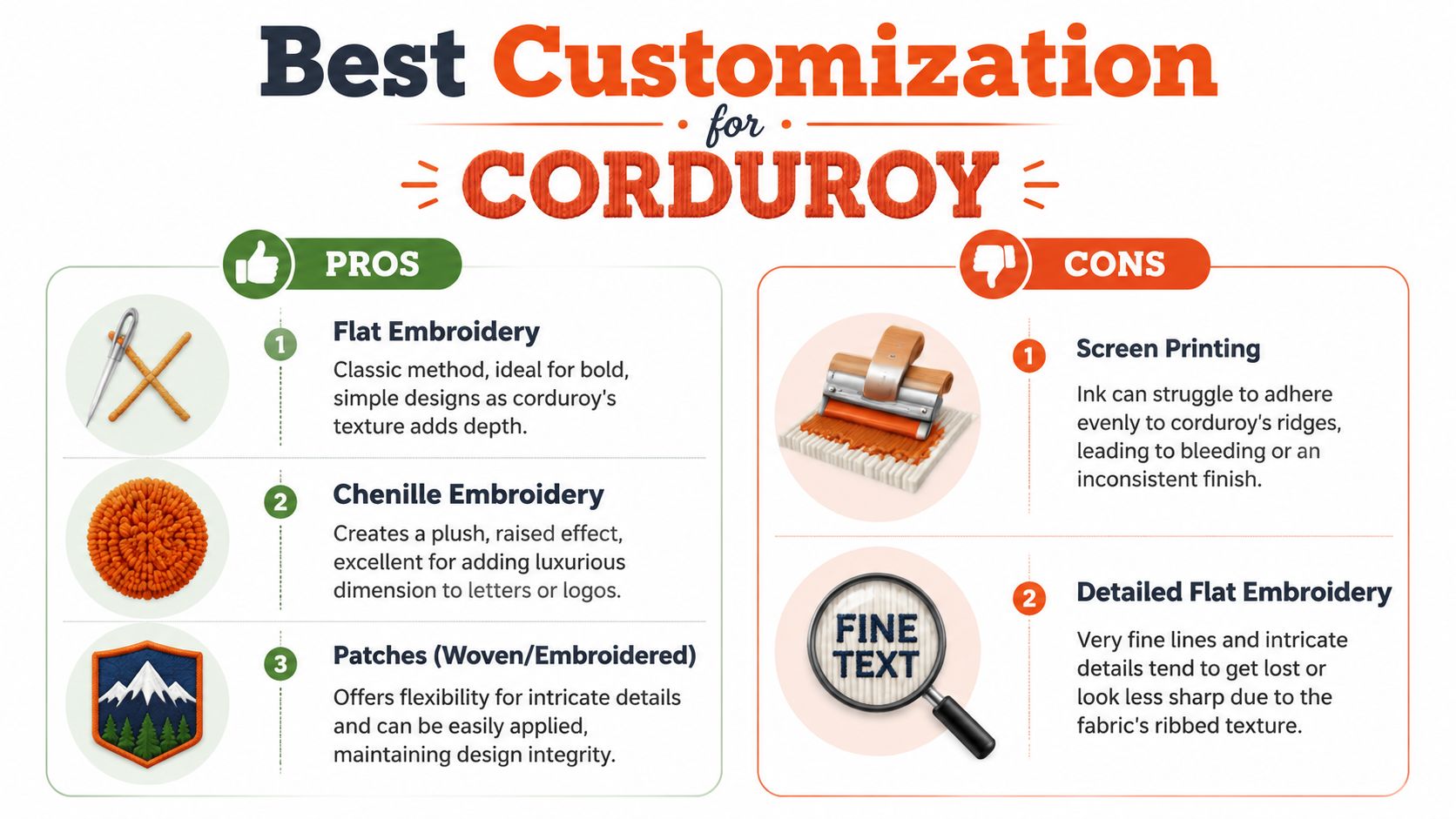 An infographic titled Best Customization for Corduroy comparing pros and cons of different fabric decoration methods.