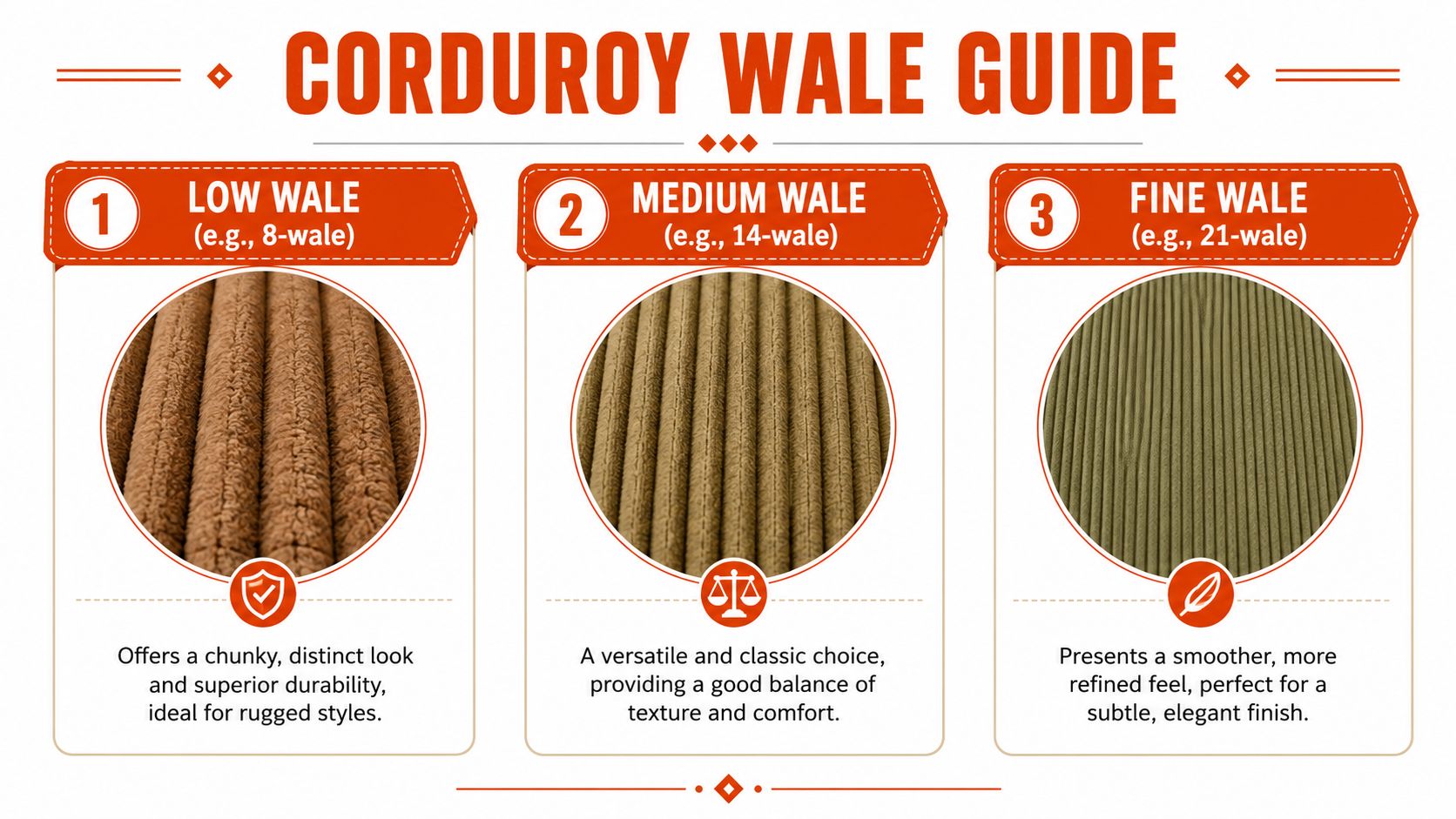 A guide explaining different corduroy fabric types, ranging from low, medium, to fine wale textures.