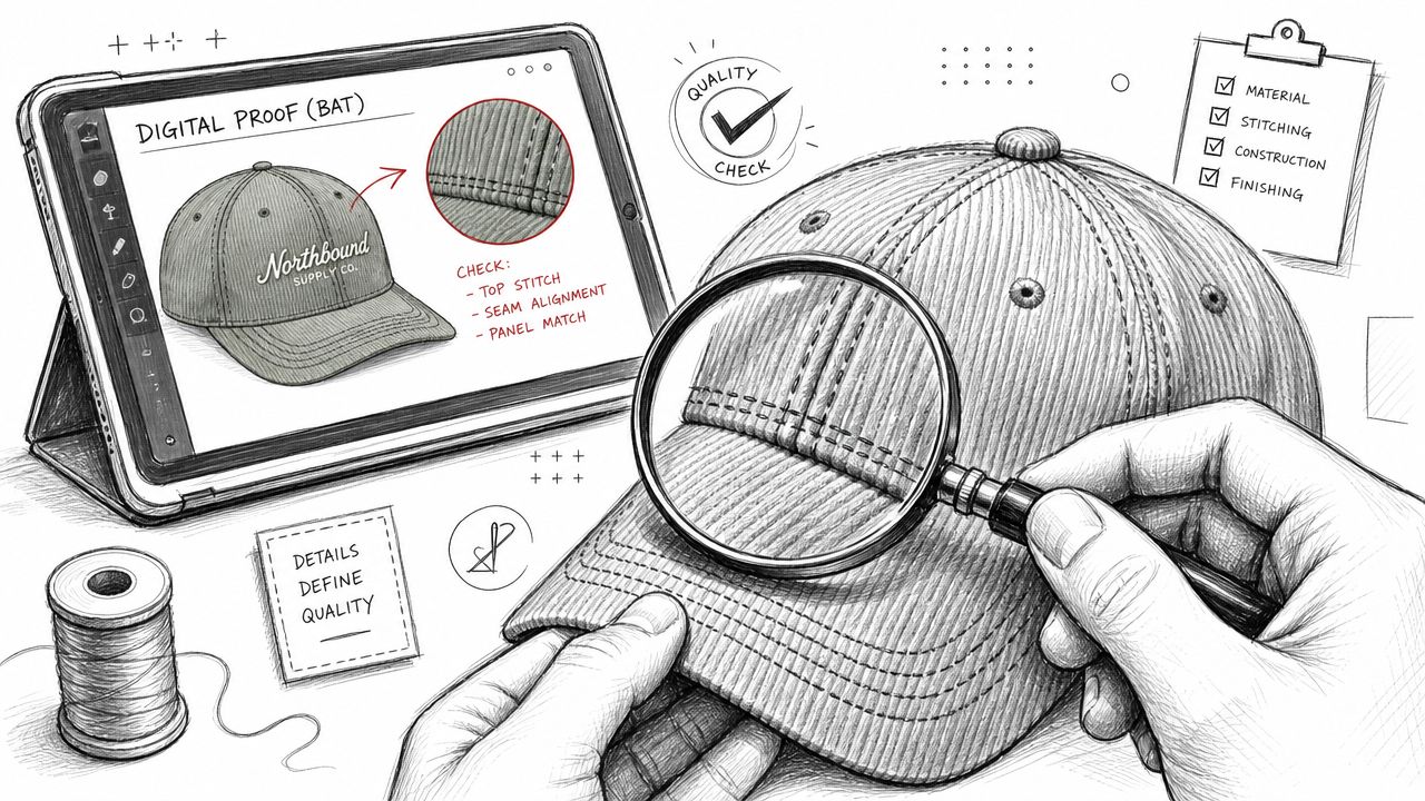 A detailed pencil sketch of quality control inspection process for custom corduroy hats using a magnifying glass.
