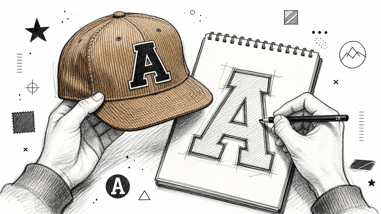 A pair of hands sketching the letter A on a notepad next to a corduroy baseball cap.