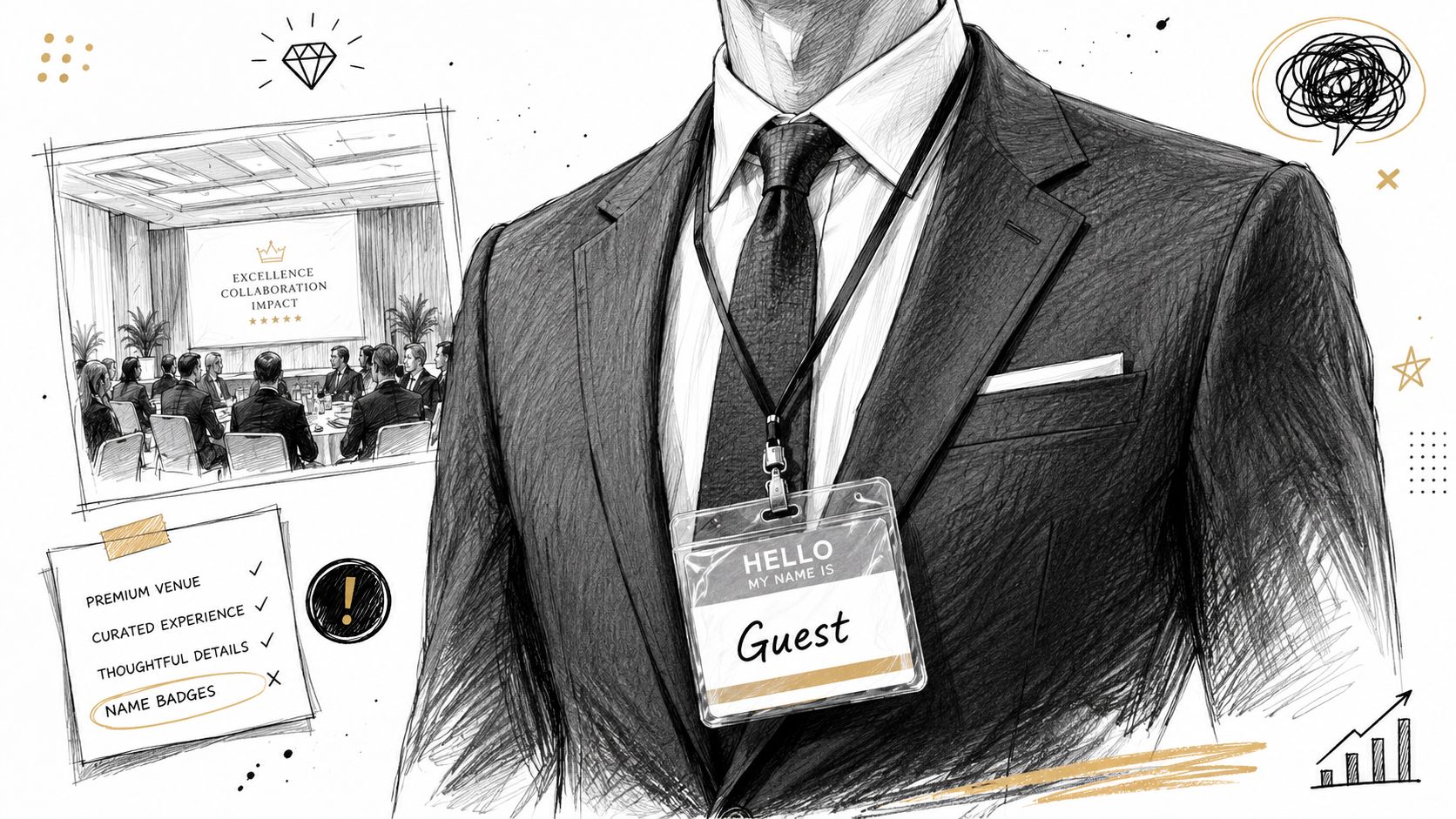 A professional sketch of a person in a suit wearing a generic Guest name badge at a conference.