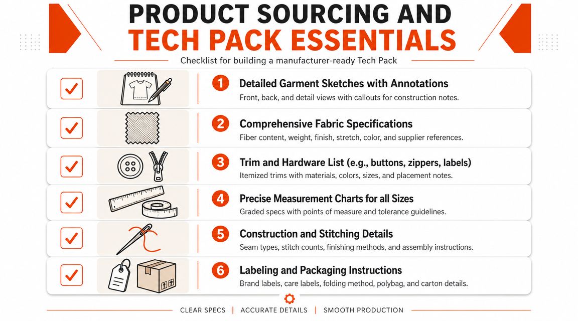 A checklist infographic detailing six essential components for creating a professional manufacturer-ready clothing tech pack.