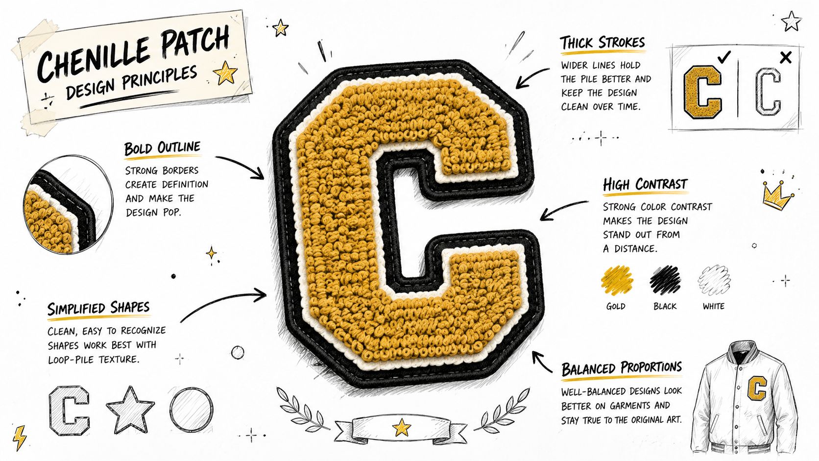 An infographic detailing the design principles for creating effective and high-quality custom chenille embroidery patches.