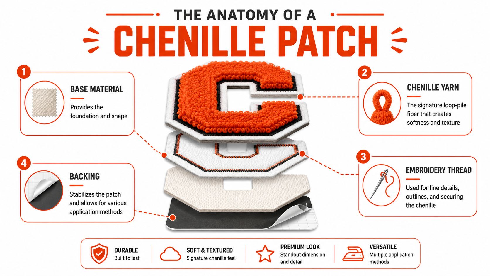 An infographic detailing the four key components that make up a layered chenille patch design.
