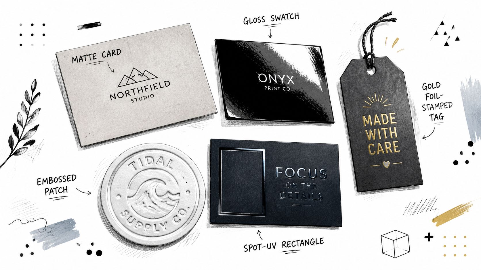 A collection of branded stationery samples showcasing various printing techniques including matte, gloss, embossing, and gold foil.