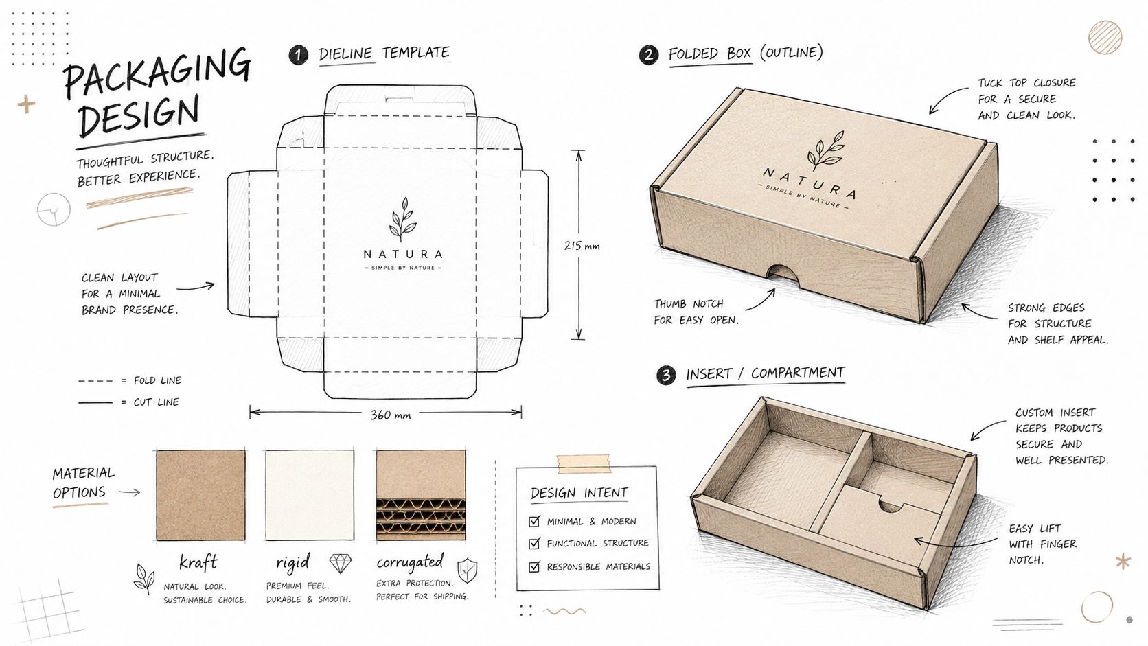 A detailed technical drawing showing a custom packaging design including dieline, folded box, and internal compartments.