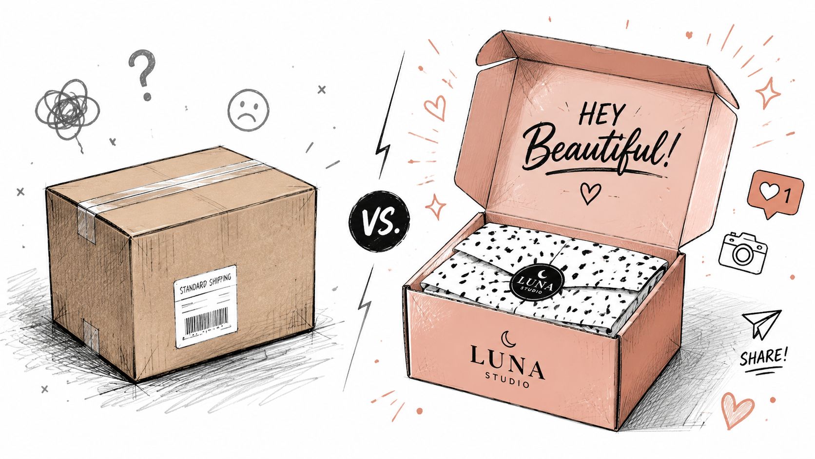 A split image contrasting a plain, boring shipping box with a branded, beautifully customized Luna Studio package.